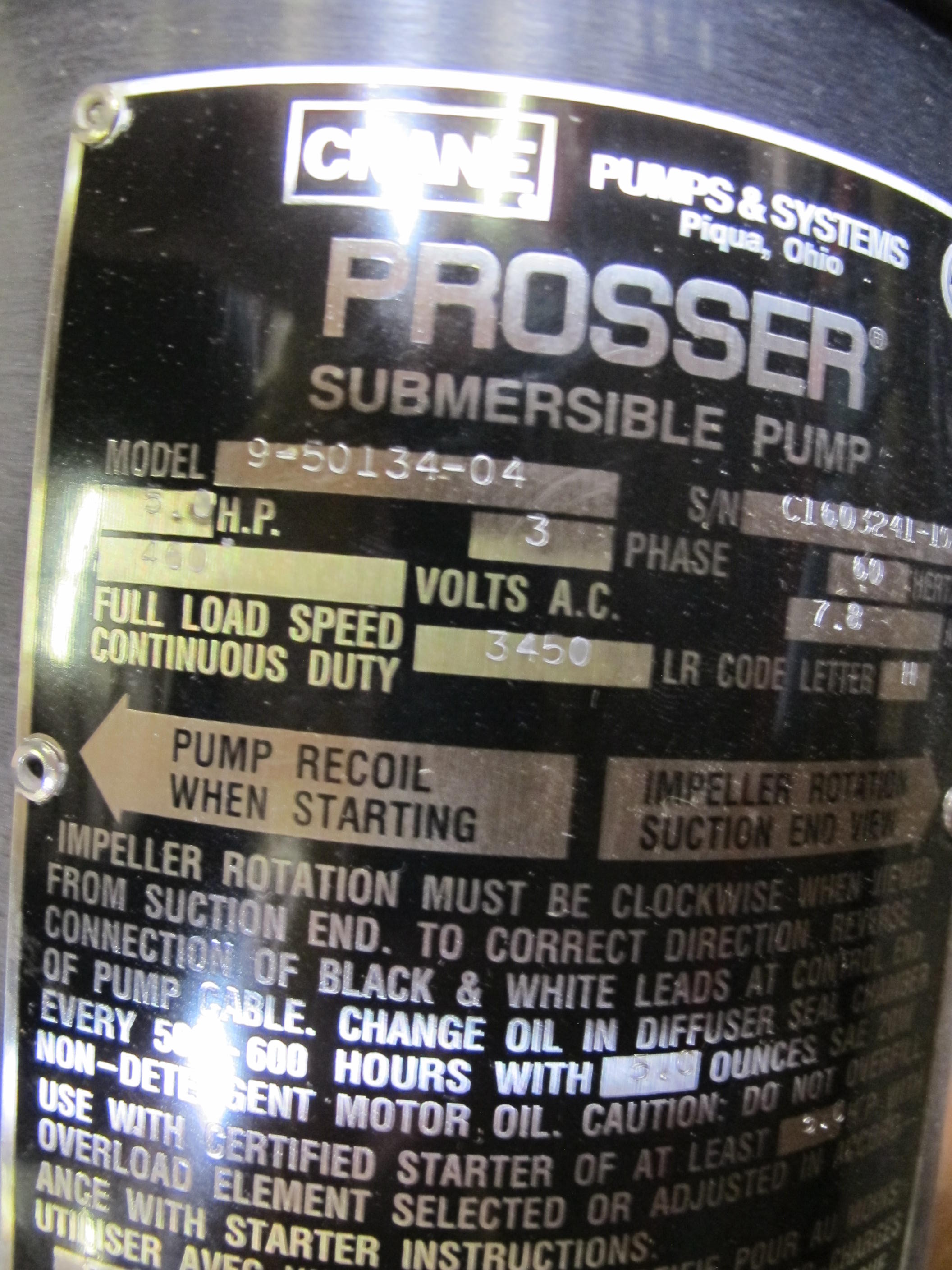 LOT TO INCLUDE: (2) PROSSER CRANE SUBMERSIBLE PUMP AND SYSTEMS, MODEL# 9-50134-04. LOADING & HANDLING FEE $15-4535